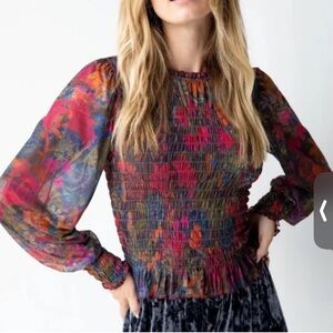NATURAL LIFE Colorful Smocked Blouse Sheer Floral
